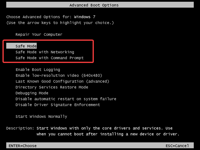 Safe Mode options in Windows 7