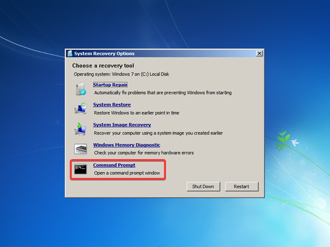 System Recovery Options offered by a repair disk for Windows 7
