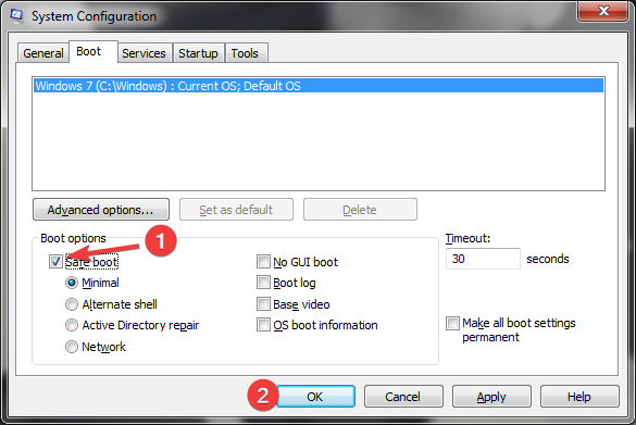 Enable Safe boot in the System Configuration tool