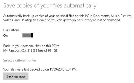 Windows 8.1, Backup Data, File History, turn on, PC Settings