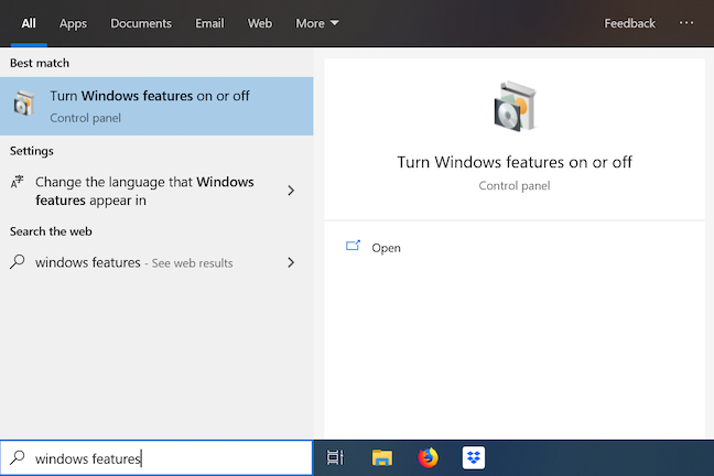 Type windows features in the taskbar's search field