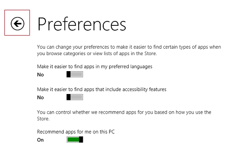 Windows 8.1, apps, Store, preferences, accessibility, languages, recommendations