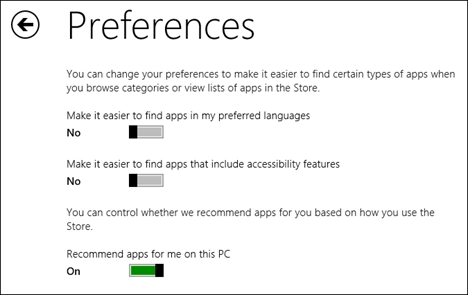 Windows 8.1, apps, Store, preferences, accessibility, languages, recommendations