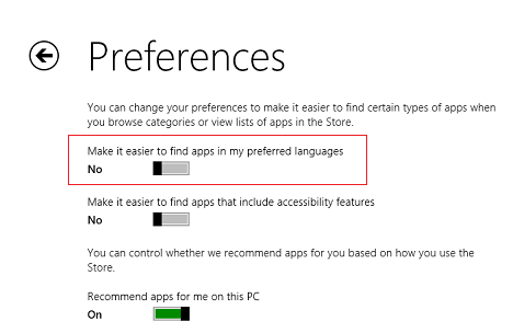 Windows 8.1, apps, Store, preferences, accessibility, languages, recommendations