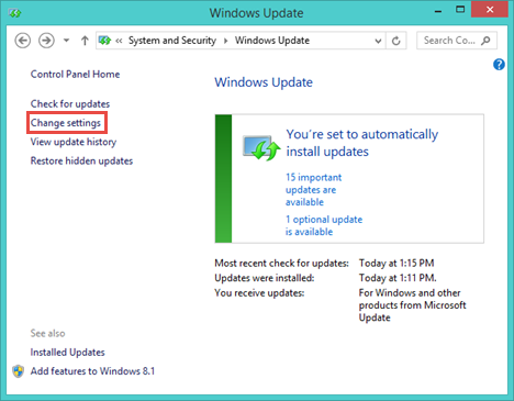 Windows Update, Settings, Configure, Change