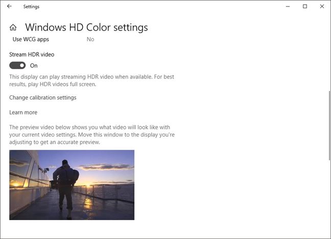 The Windows HD Color settings, in Windows 10 October 2018 Update