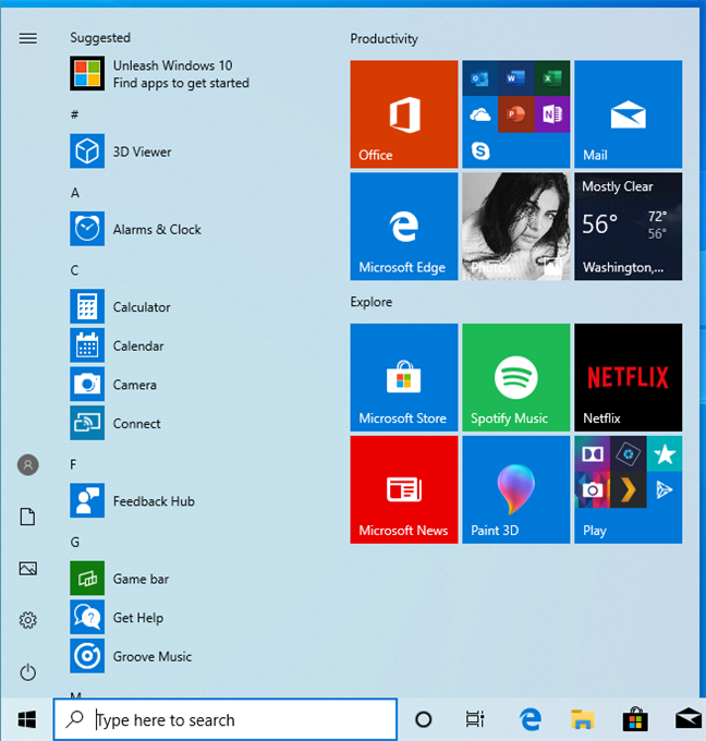 The Start Menu in Windows 10 May 2019 Update