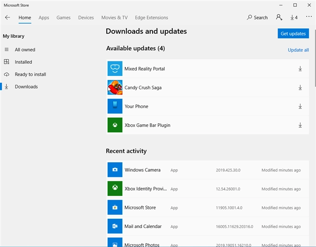 Available updates for Windows 10 apps