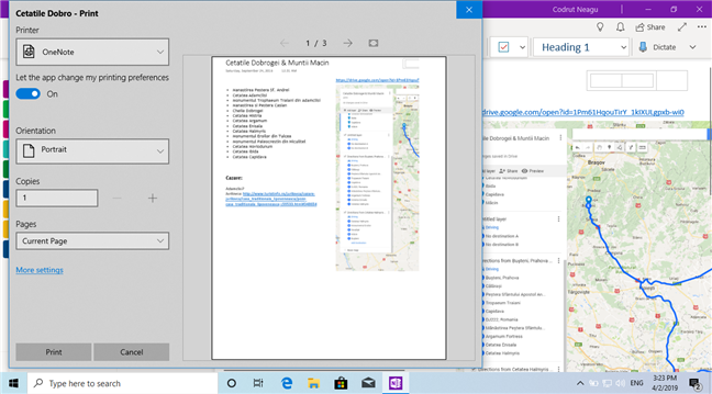 The Print dialog in OneNote