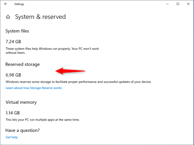 Reserved space in Windows 10