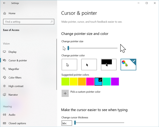 Windows 10 cursor and pointer settings