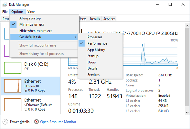 Setting the default tab in Task Manager