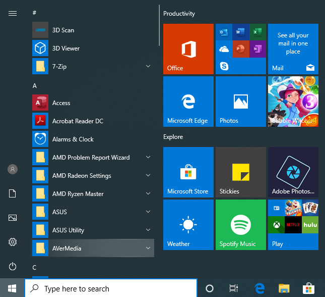 The Windows 10 Start Menu with all apps