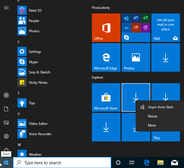 Unpin app tiles from the Start Menu