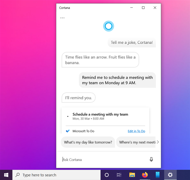 Cortana can chat, and her window can be moved and resized