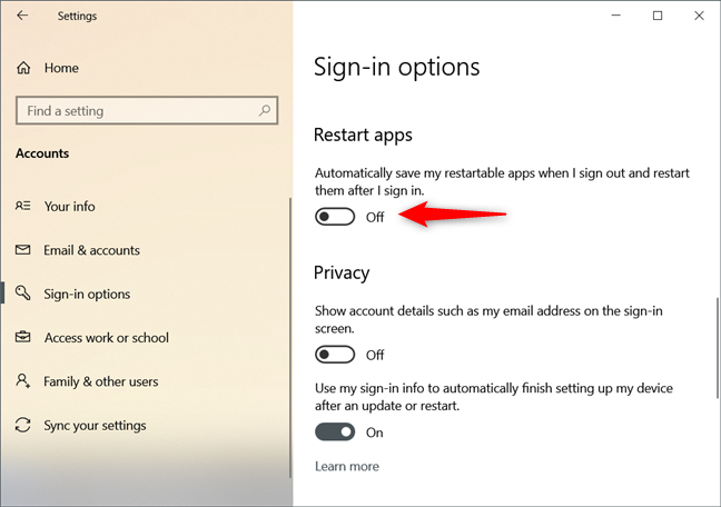 Windows 10 can automatically restart apps that were open when you signed out