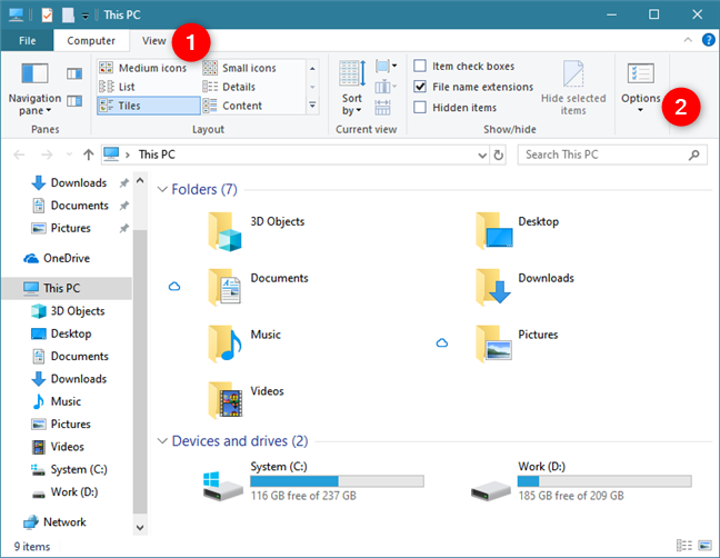 The Options button from the View tab in File Explorer