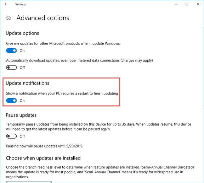 Turn on Windows 10 update notifications