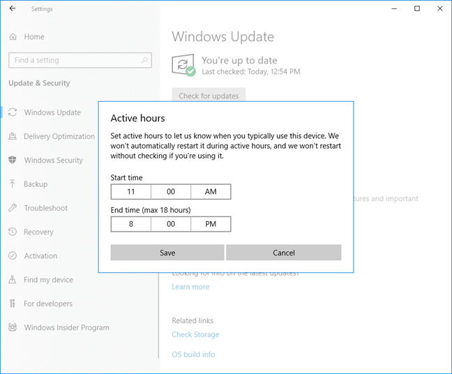 Set the Active hours in Windows 10