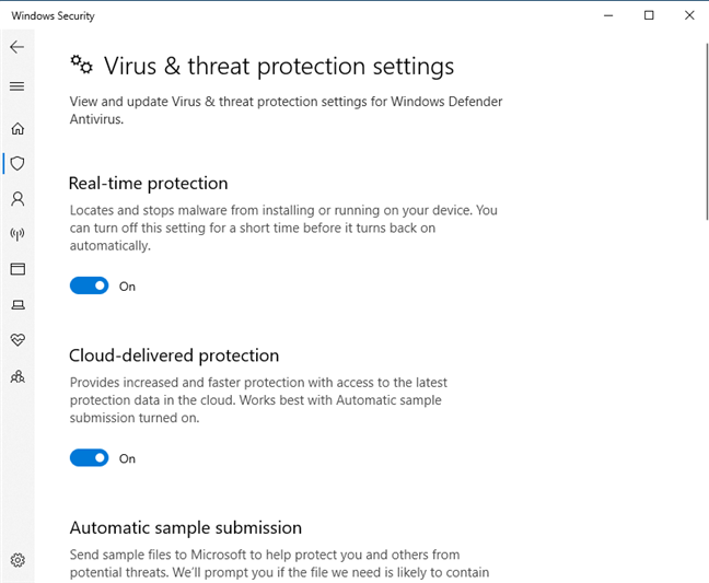 The switches for turning on and off Windows Defender Antivirus features