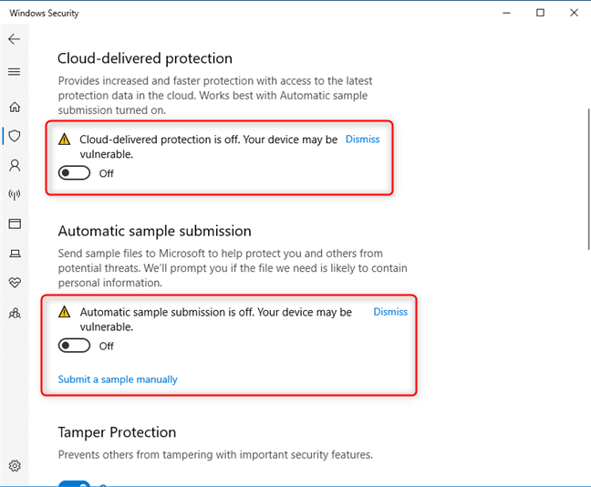 Disabling Cloud-delivered protection and Automatic sample submission