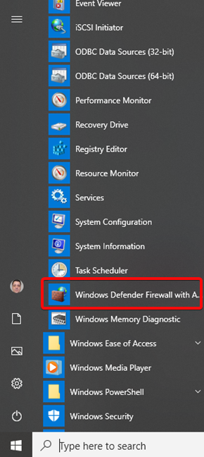 Windows Defender Firewall with Advanced Security in the Windows 10 Start Menu