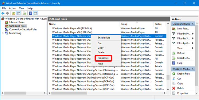 Open Properties for a Windows Defender Firewall rule