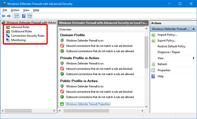 Windows Defender Firewall advanced settings