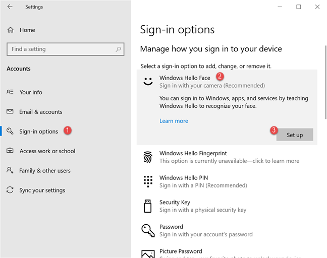 Set up Windows Hello Face