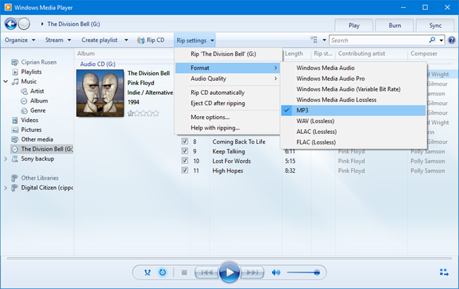 Windows Media Player - audio format settings