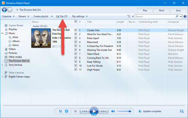 Rip CD in Windows Media Player