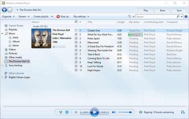 Ripping an audio CD in Windows Media Player