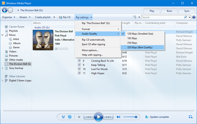 Windows Media Player - audio quality settings