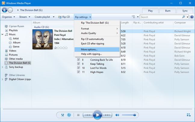 Windows Media Player - More rip settings