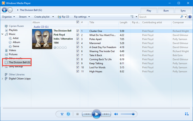 Accessing the audio CD in Windows Media Player