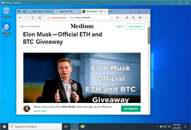 Visiting a phishing website in Windows Sandbox