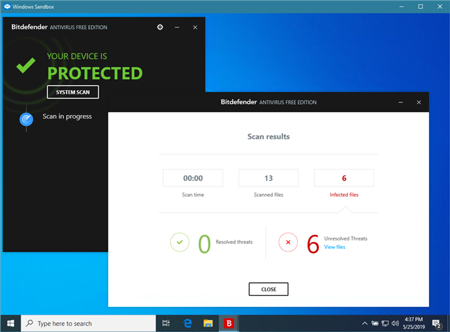 Scanning some file for malware, using a free antivirus in Windows Sandbox
