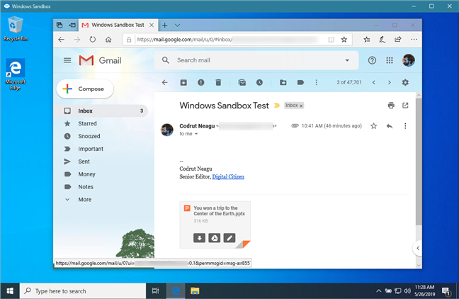 Downloading a suspicious email attachment in Windows Sandbox