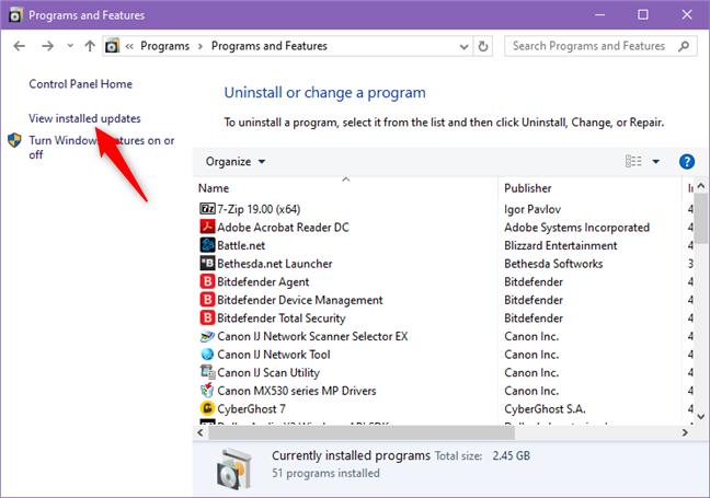 The View installed updates option from Programs and Features