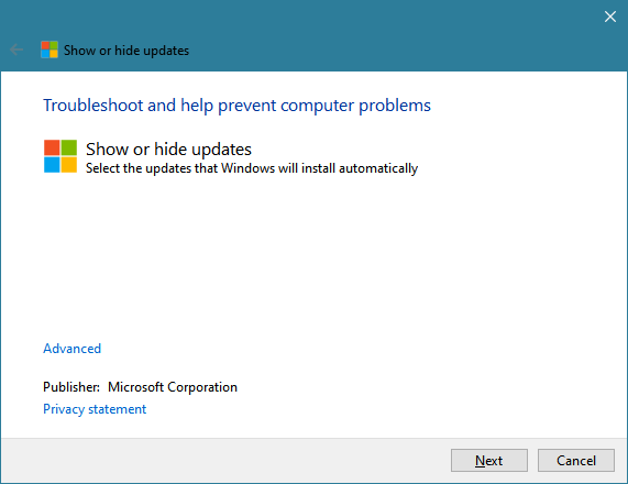 Show or hide updates in Windows 10