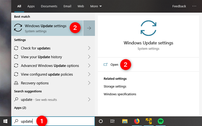 Searching for Windows Update in Windows 10