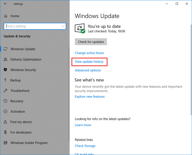 View update history link in Windows Update settings