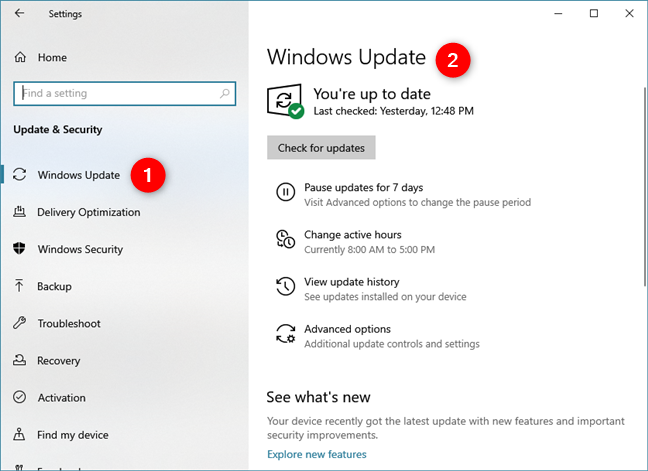 The Windows Update page from Windows 10 Settings