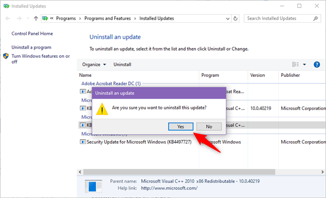 Uninstalling an update from Windows 10