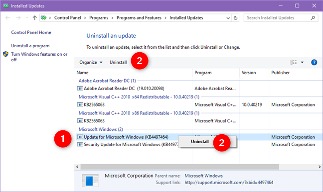 The Installed Updates page from the Control Panel