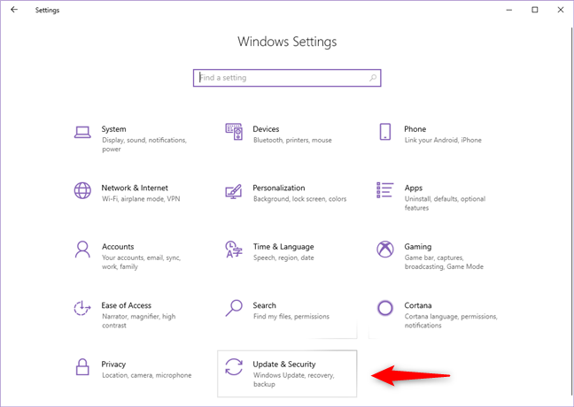 The Update &amp; Security category from the Windows 10 Settings