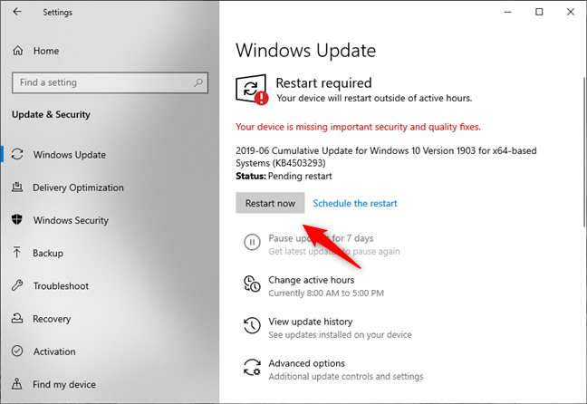 Windows 10 asks to reboot the PC to finish installing the updates