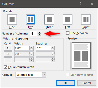 Choosing the Number of columns to create in Word