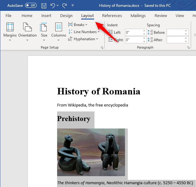 The Layout tab from Microsoft Word