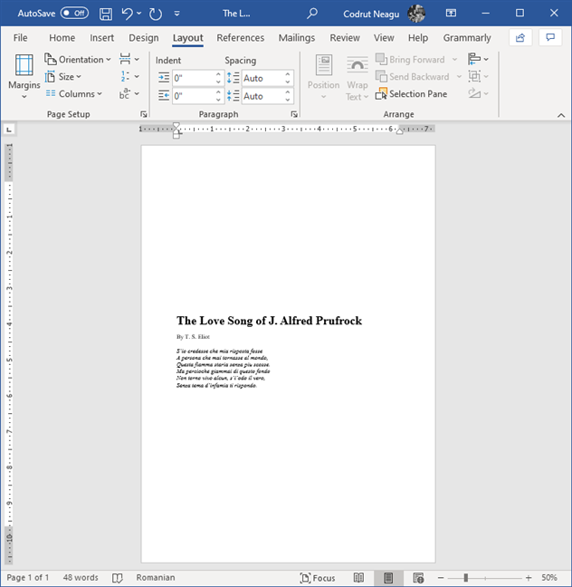 Text that has been vertically centered on the page in Microsoft Word